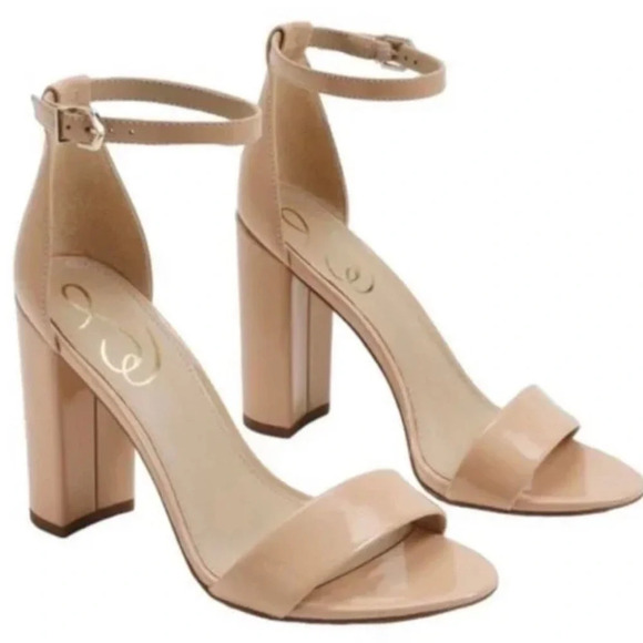 Sam Edelman Yaro Ankle Strap Sandal Beige Nude Patent Block Heel Size 8.5 - Picture 1 of 7